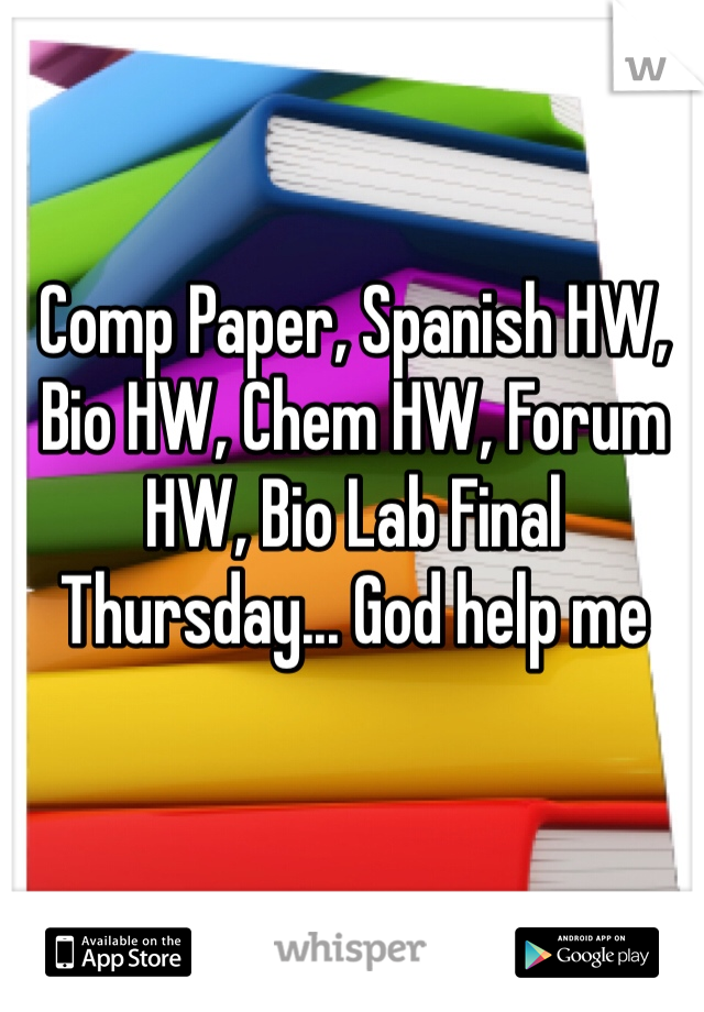 Comp Paper, Spanish HW, Bio HW, Chem HW, Forum HW, Bio Lab Final Thursday... God help me 