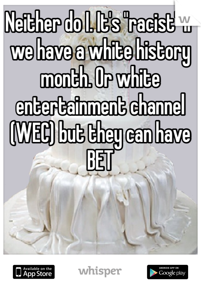 Neither do I. It's "racist" if we have a white history month. Or white entertainment channel (WEC) but they can have BET