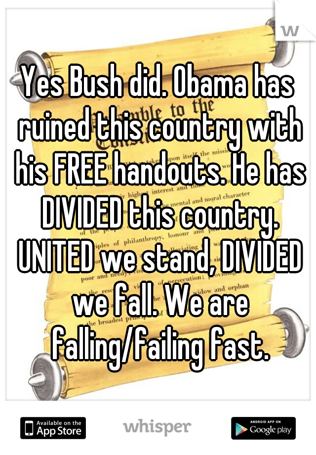 Yes Bush did. Obama has ruined this country with his FREE handouts. He has DIVIDED this country. UNITED we stand, DIVIDED we fall. We are falling/failing fast.