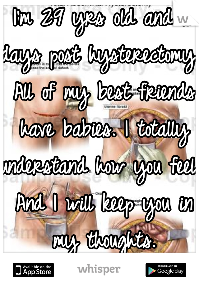 I'm 29 yrs old and 15 days post hysterectomy. All of my best friends have babies. I totally understand how you feel. And I will keep you in my thoughts. 