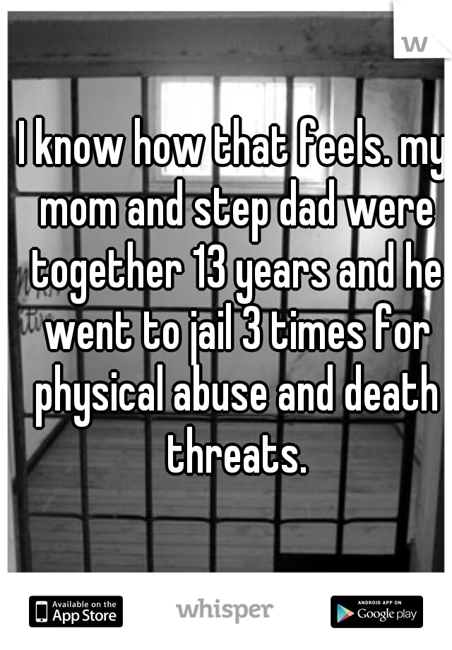 I know how that feels. my mom and step dad were together 13 years and he went to jail 3 times for physical abuse and death threats.