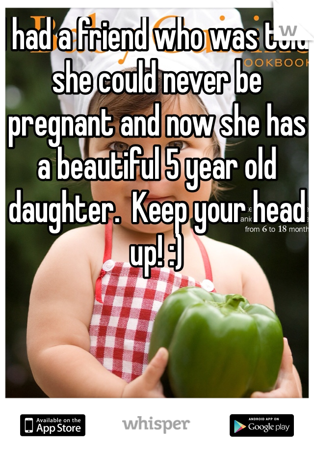 I had a friend who was told she could never be pregnant and now she has a beautiful 5 year old daughter.  Keep your head up! :)