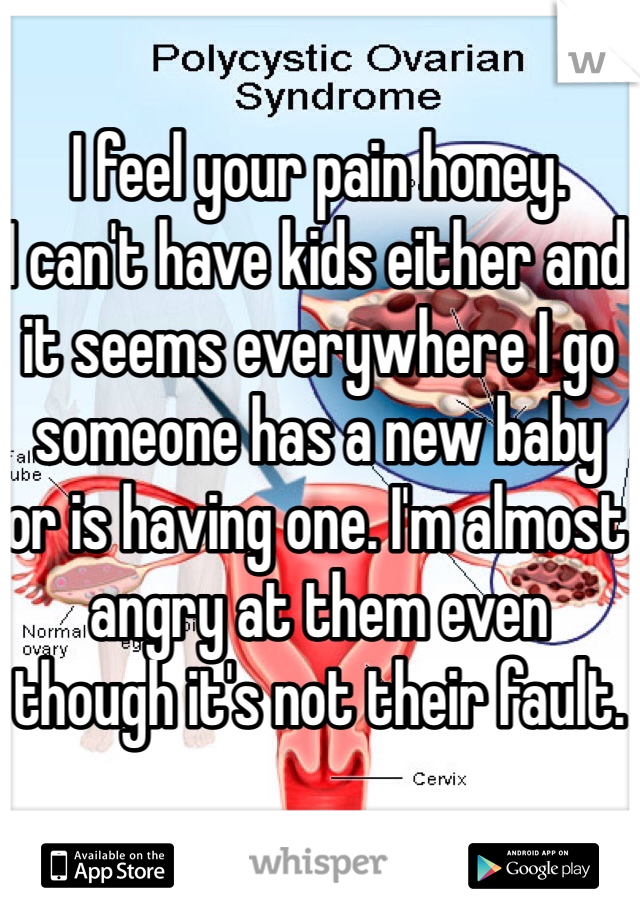 I feel your pain honey. 
I can't have kids either and it seems everywhere I go someone has a new baby or is having one. I'm almost angry at them even though it's not their fault.