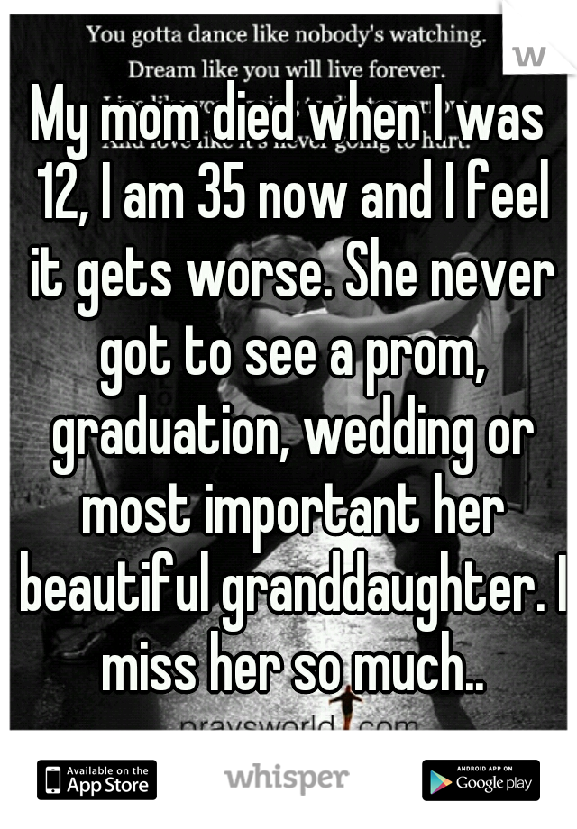 My mom died when I was 12, I am 35 now and I feel it gets worse. She never got to see a prom, graduation, wedding or most important her beautiful granddaughter. I miss her so much..