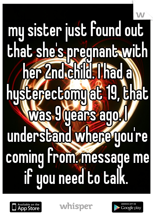 my sister just found out that she's pregnant with her 2nd child. I had a hysterectomy at 19, that was 9 years ago. I understand where you're coming from. message me if you need to talk. 