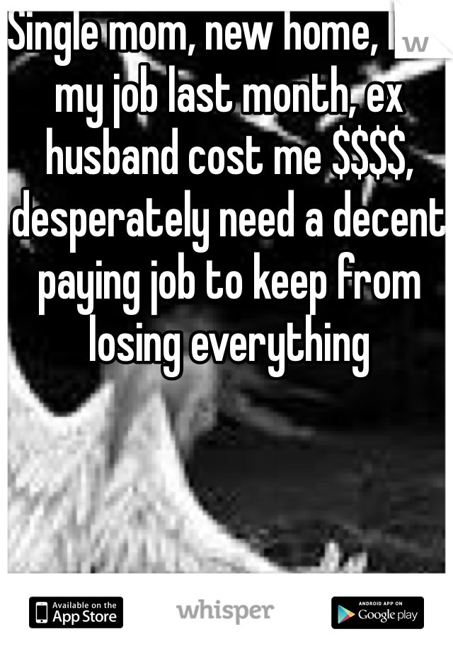 Single mom, new home, lost my job last month, ex husband cost me $$$$, desperately need a decent paying job to keep from losing everything