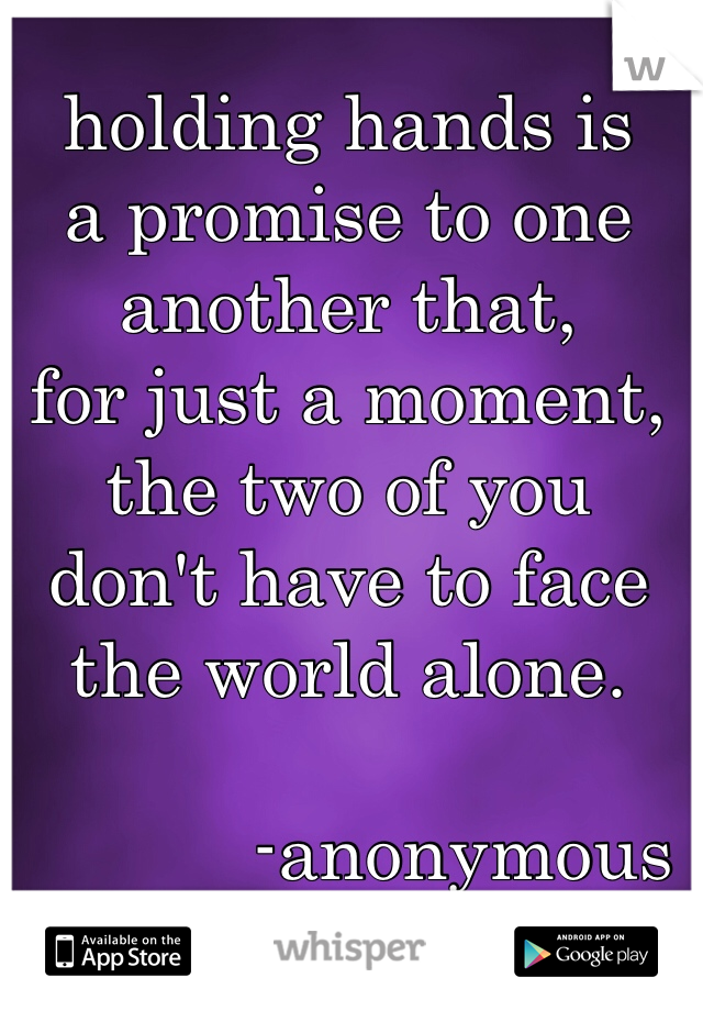 holding hands is 
a promise to one 
another that,
for just a moment,
the two of you 
don't have to face
the world alone. 
      
           -anonymous 
