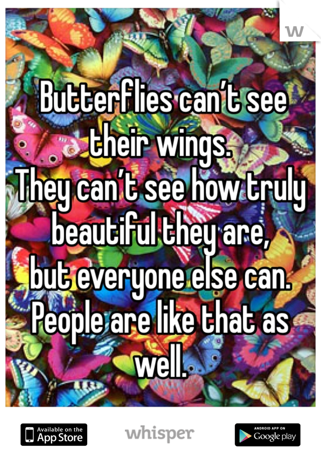 
 Butterflies can’t see their wings.
They can’t see how truly beautiful they are, 
but everyone else can. 
People are like that as well.
