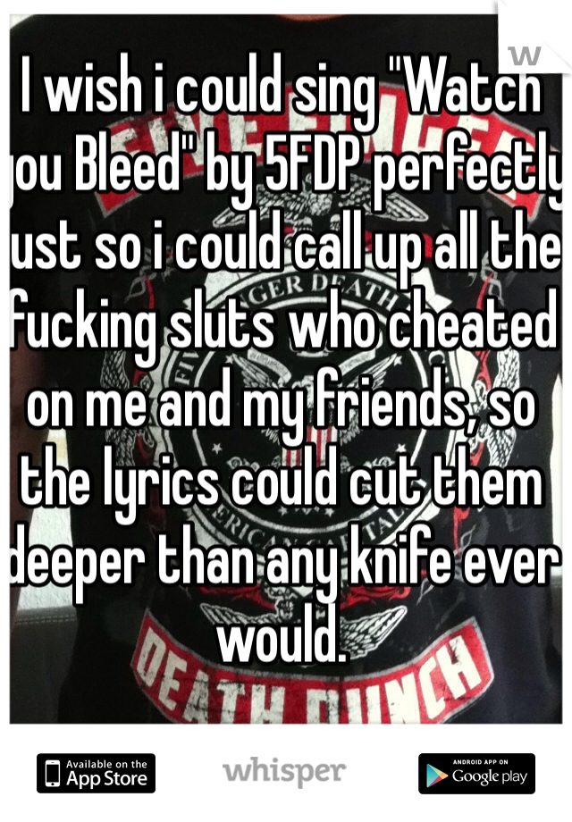 I wish i could sing "Watch you Bleed" by 5FDP perfectly just so i could call up all the fucking sluts who cheated on me and my friends, so the lyrics could cut them deeper than any knife ever would.