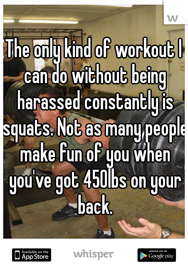 The only kind of workout I can do without being harassed constantly is squats. Not as many people make fun of you when you've got 450lbs on your back.