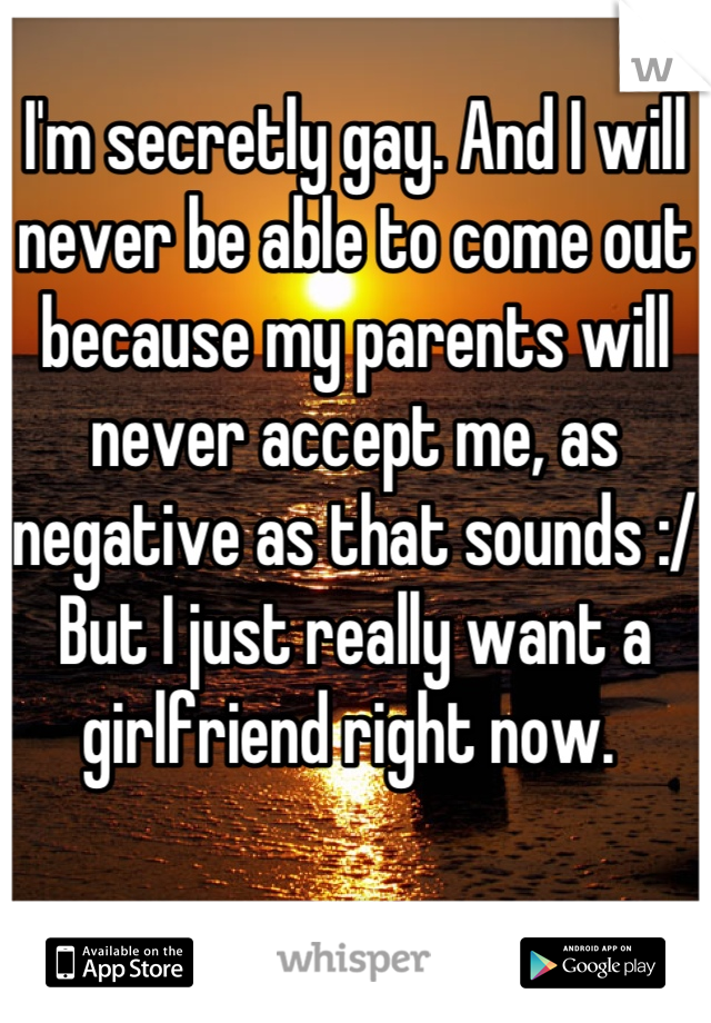 I'm secretly gay. And I will never be able to come out because my parents will never accept me, as negative as that sounds :/ But I just really want a girlfriend right now. 