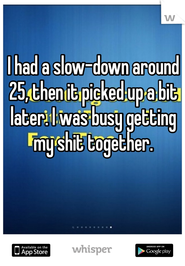 I had a slow-down around 25, then it picked up a bit later. I was busy getting my shit together. 