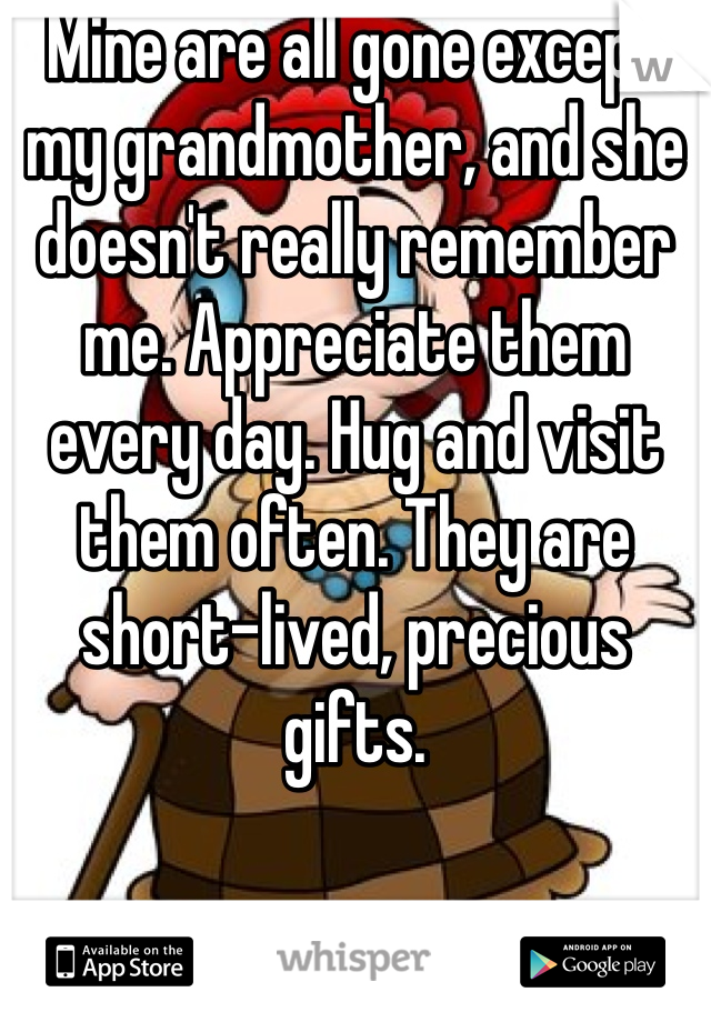 Mine are all gone except my grandmother, and she doesn't really remember me. Appreciate them every day. Hug and visit them often. They are short-lived, precious gifts.