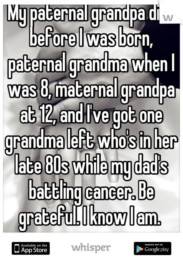 My paternal grandpa died before I was born, paternal grandma when I was 8, maternal grandpa at 12, and I've got one grandma left who's in her late 80s while my dad's battling cancer. Be grateful. I know I am. 