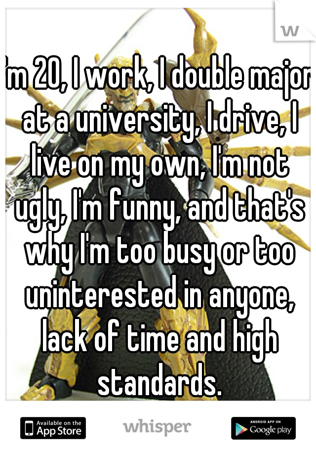 I'm 20, I work, I double major at a university, I drive, I live on my own, I'm not ugly, I'm funny, and that's why I'm too busy or too uninterested in anyone, lack of time and high standards.