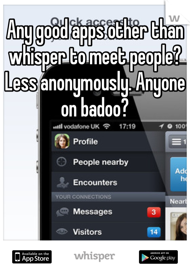 Any good apps other than whisper to meet people? Less anonymously. Anyone on badoo?