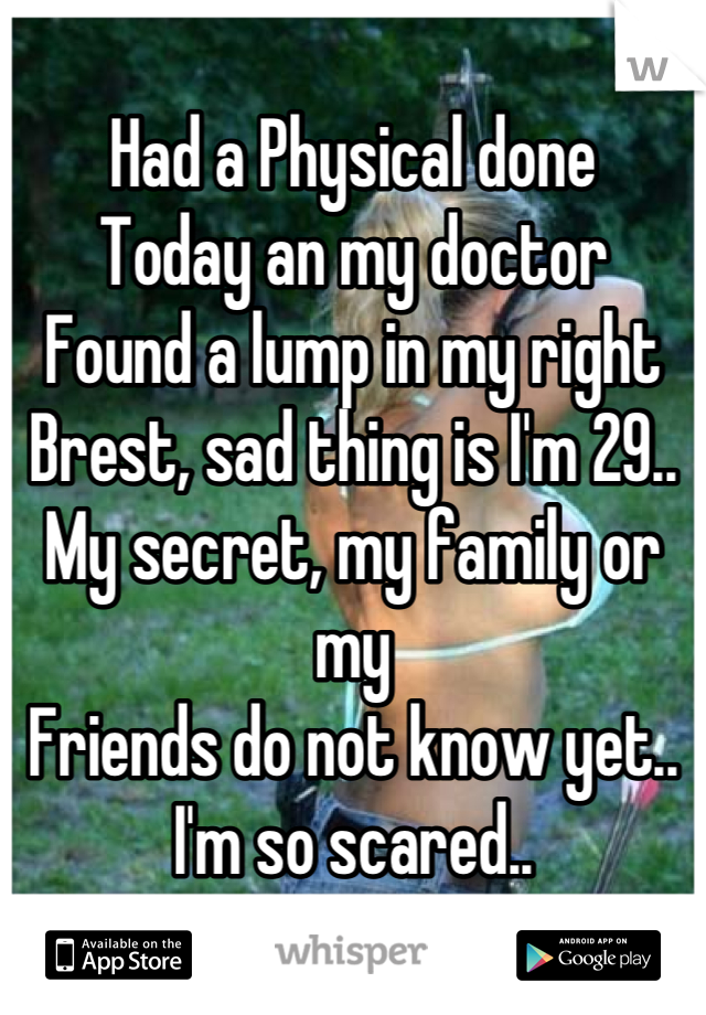 Had a Physical done
Today an my doctor
Found a lump in my right
Brest, sad thing is I'm 29..
My secret, my family or my
Friends do not know yet..
I'm so scared..