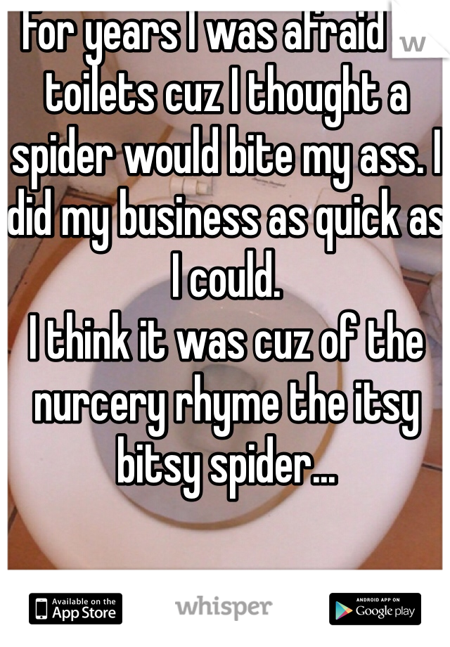 For years I was afraid of toilets cuz I thought a spider would bite my ass. I did my business as quick as I could.
I think it was cuz of the nurcery rhyme the itsy bitsy spider...