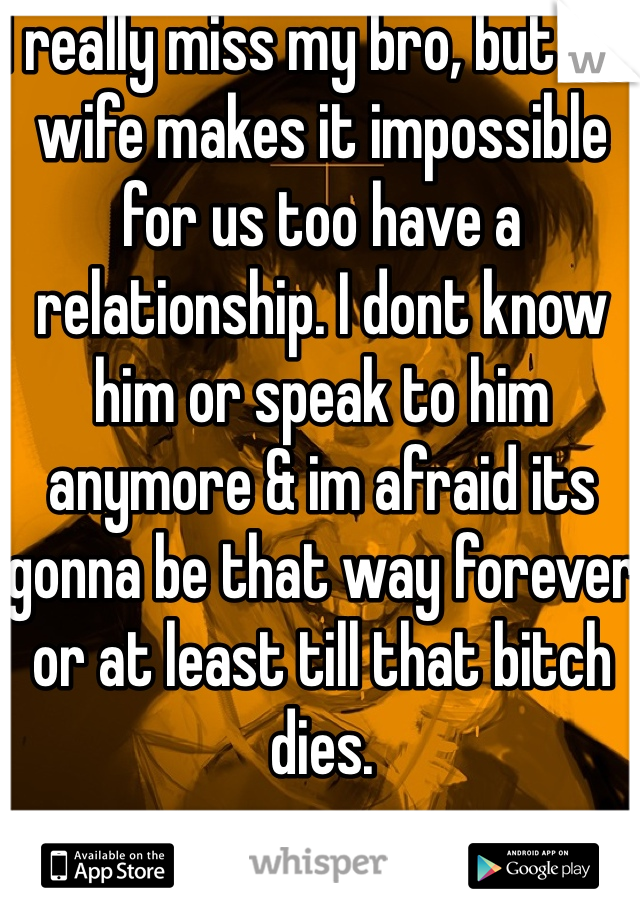 I really miss my bro, but his wife makes it impossible for us too have a relationship. I dont know him or speak to him anymore & im afraid its gonna be that way forever or at least till that bitch dies. 