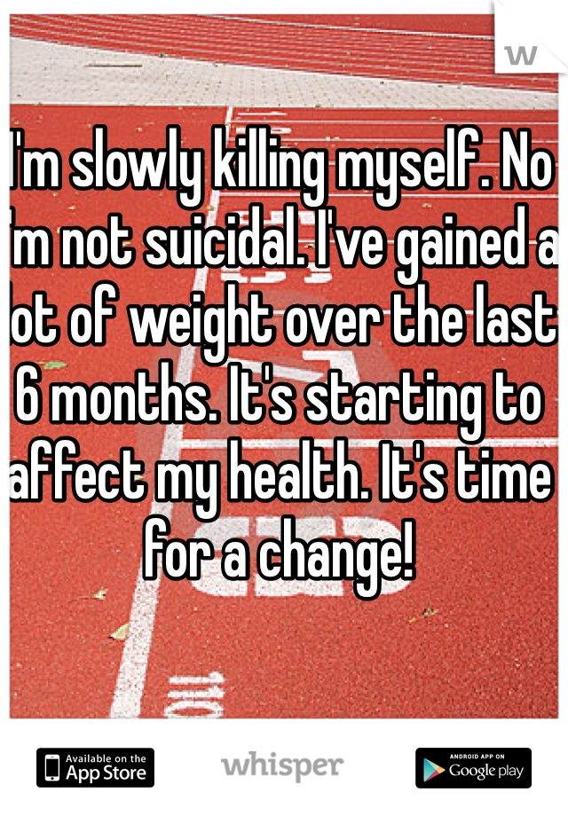 I'm slowly killing myself. No I'm not suicidal. I've gained a lot of weight over the last 6 months. It's starting to affect my health. It's time for a change!
