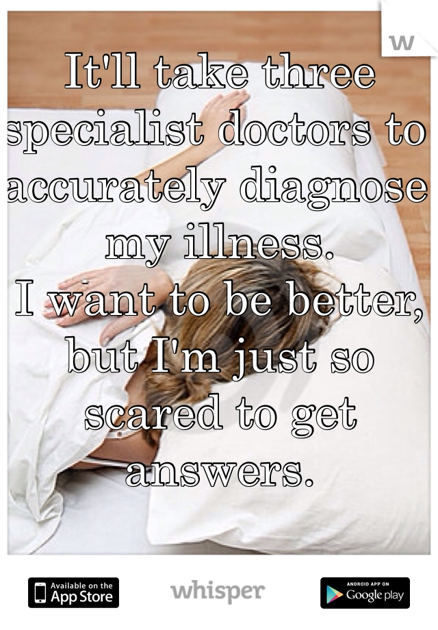 It'll take three specialist doctors to accurately diagnose my illness.
I want to be better, but I'm just so scared to get answers.
