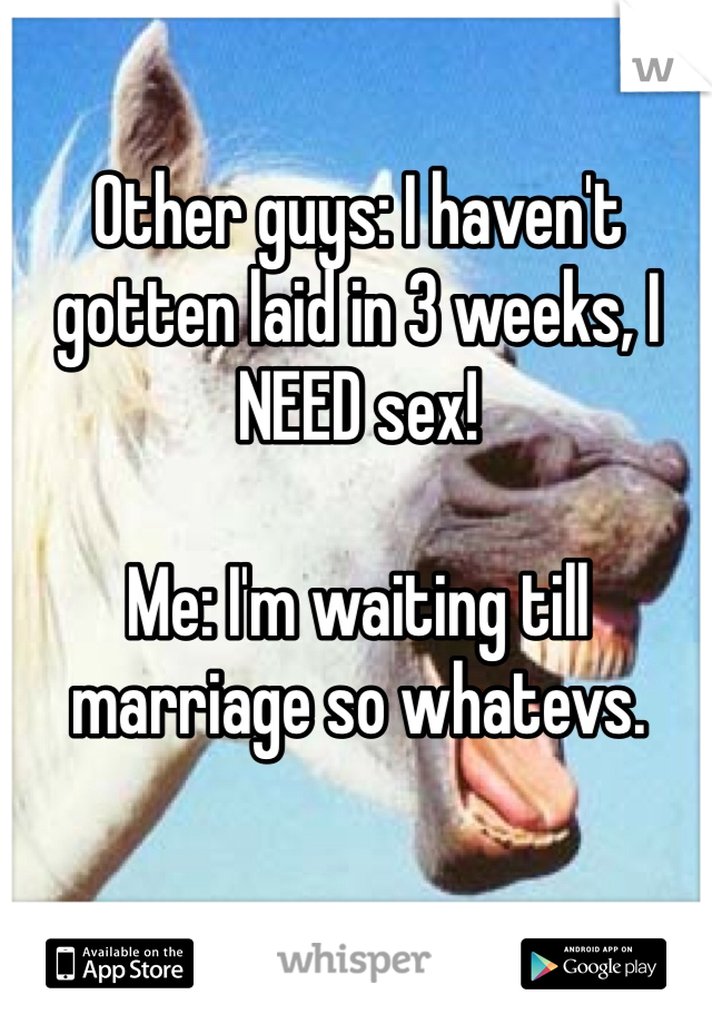 Other guys: I haven't gotten laid in 3 weeks, I NEED sex!

Me: I'm waiting till marriage so whatevs.