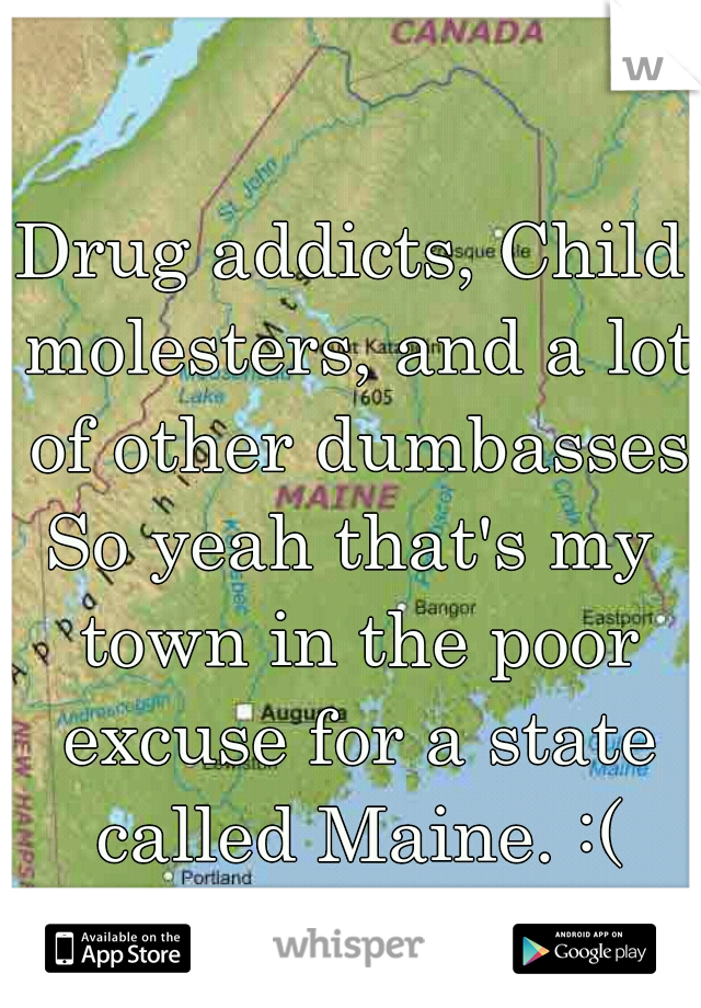 Drug addicts, Child molesters, and a lot of other dumbasses
So yeah that's my town in the poor excuse for a state called Maine. :(