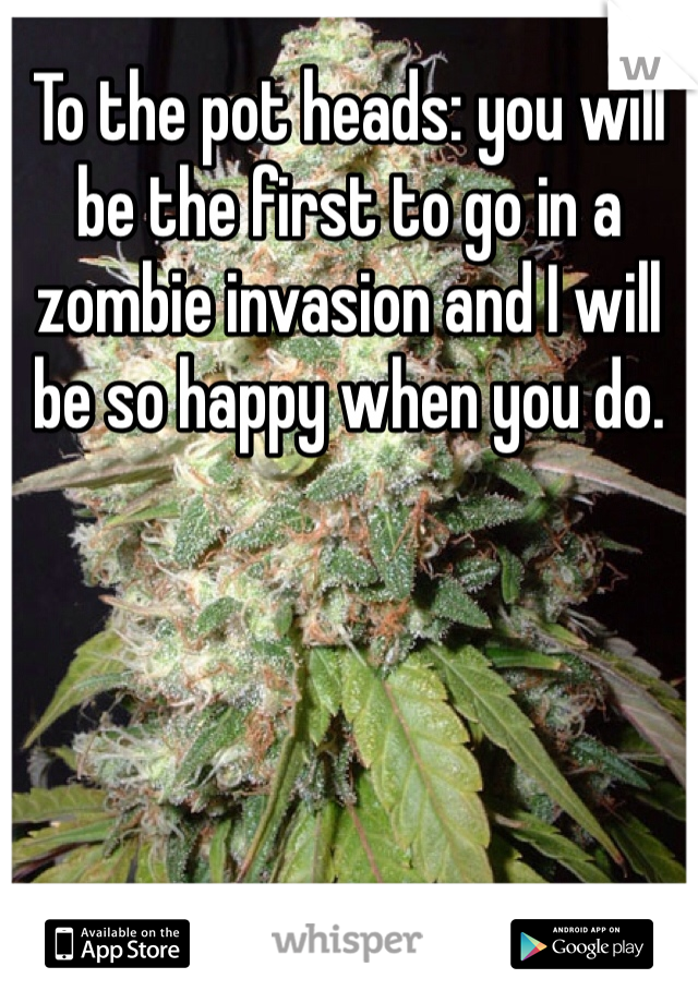 To the pot heads: you will be the first to go in a zombie invasion and I will be so happy when you do.