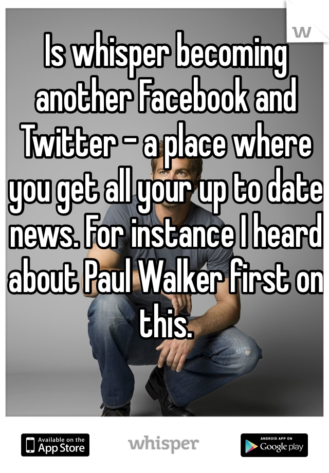 Is whisper becoming another Facebook and Twitter - a place where you get all your up to date news. For instance I heard about Paul Walker first on this. 