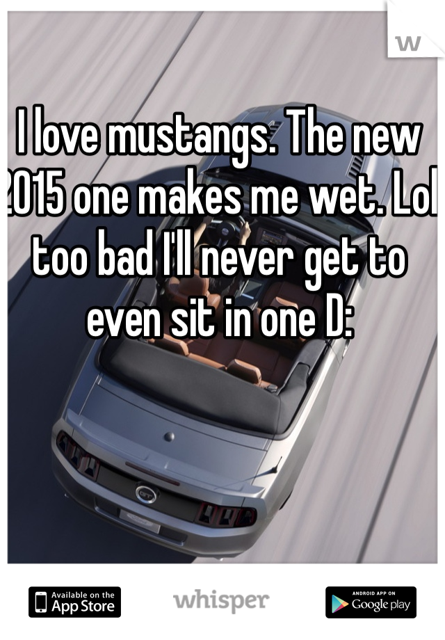 I love mustangs. The new 2015 one makes me wet. Lol too bad I'll never get to even sit in one D:
