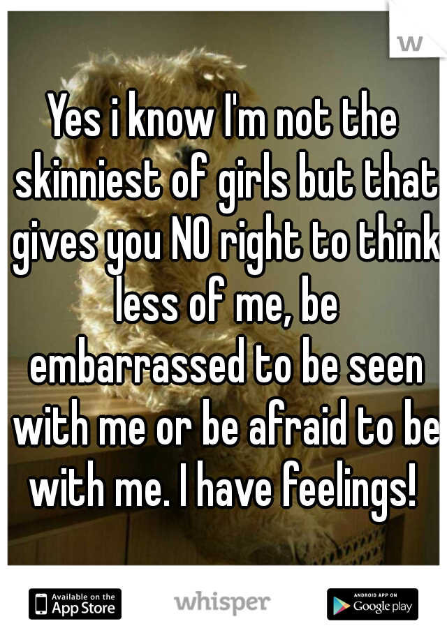 Yes i know I'm not the skinniest of girls but that gives you NO right to think less of me, be embarrassed to be seen with me or be afraid to be with me. I have feelings! 