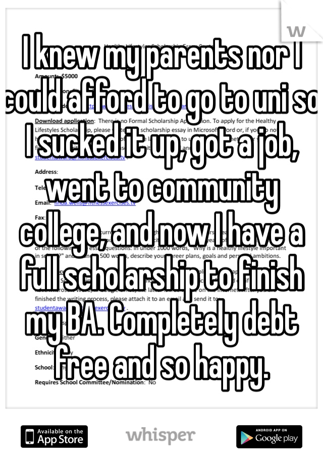 I knew my parents nor I could afford to go to uni so I sucked it up, got a job, went to community college, and now I have a full scholarship to finish my BA. Completely debt free and so happy.