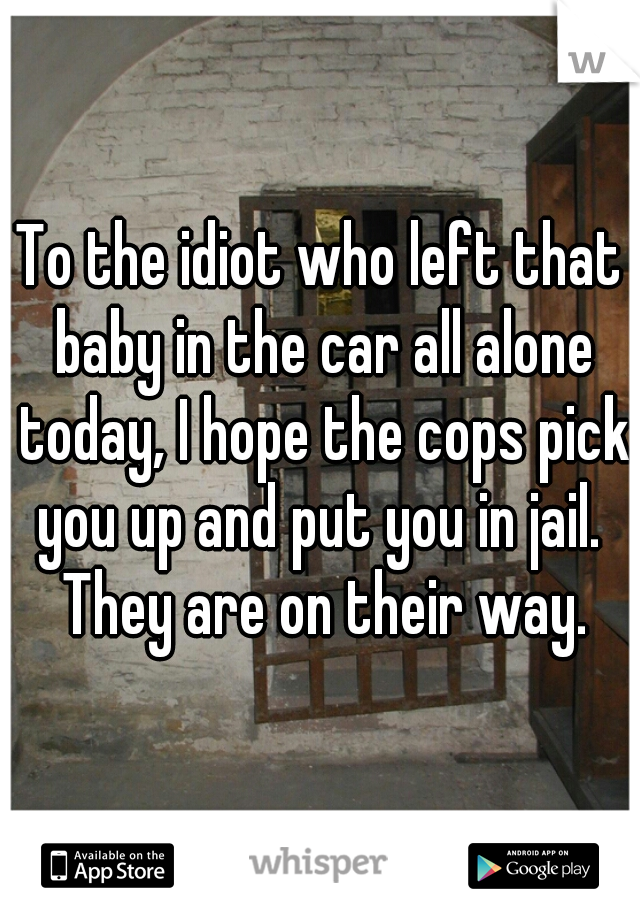 To the idiot who left that baby in the car all alone today, I hope the cops pick you up and put you in jail.  They are on their way.