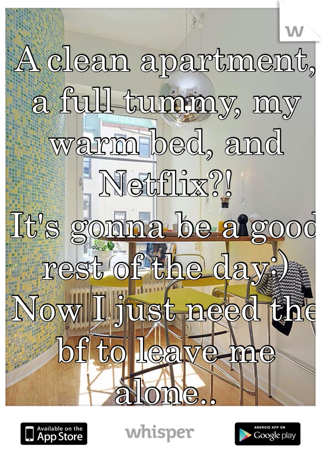 A clean apartment, a full tummy, my warm bed, and Netflix?! 
It's gonna be a good rest of the day:)
Now I just need the bf to leave me alone..