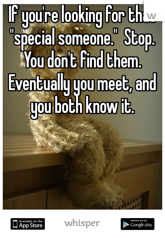 If you're looking for that "special someone."  Stop.  You don't find them.  Eventually you meet, and you both know it.