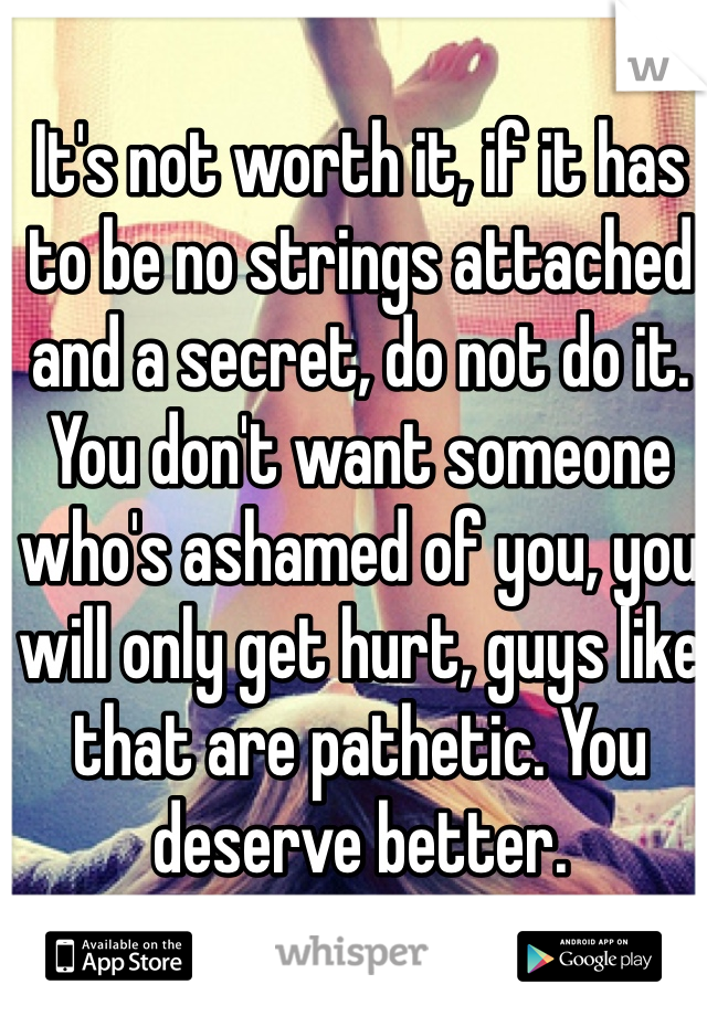 It's not worth it, if it has to be no strings attached and a secret, do not do it. You don't want someone who's ashamed of you, you will only get hurt, guys like that are pathetic. You deserve better. 