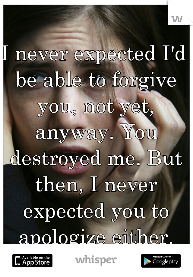 I never expected I'd be able to forgive you, not yet, anyway. You destroyed me. But then, I never expected you to apologize either.