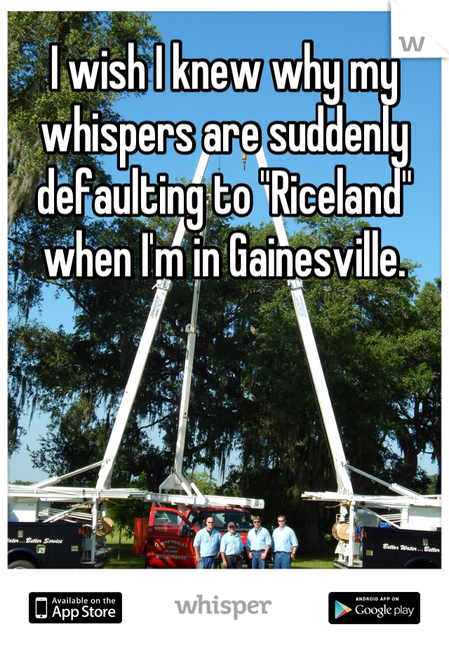 I wish I knew why my whispers are suddenly defaulting to "Riceland" when I'm in Gainesville.
