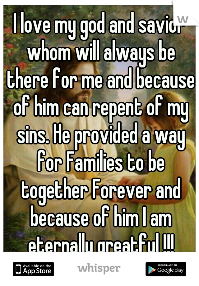 I love my god and savior whom will always be there for me and because of him can repent of my sins. He provided a way for Families to be together Forever and because of him I am eternally greatful !!!