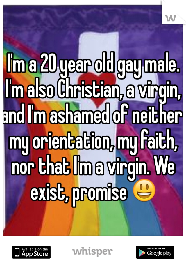 I'm a 20 year old gay male. I'm also Christian, a virgin, and I'm ashamed of neither my orientation, my faith, nor that I'm a virgin. We exist, promise 😃