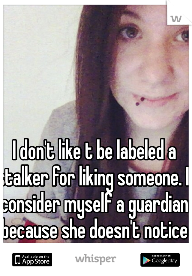 I don't like t be labeled a stalker for liking someone. I consider myself a guardian because she doesn't notice me.