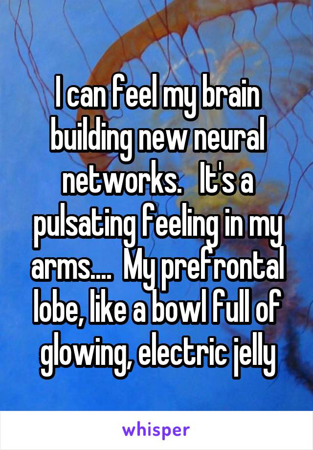 I can feel my brain building new neural networks.   It's a pulsating feeling in my arms....  My prefrontal lobe, like a bowl full of glowing, electric jelly