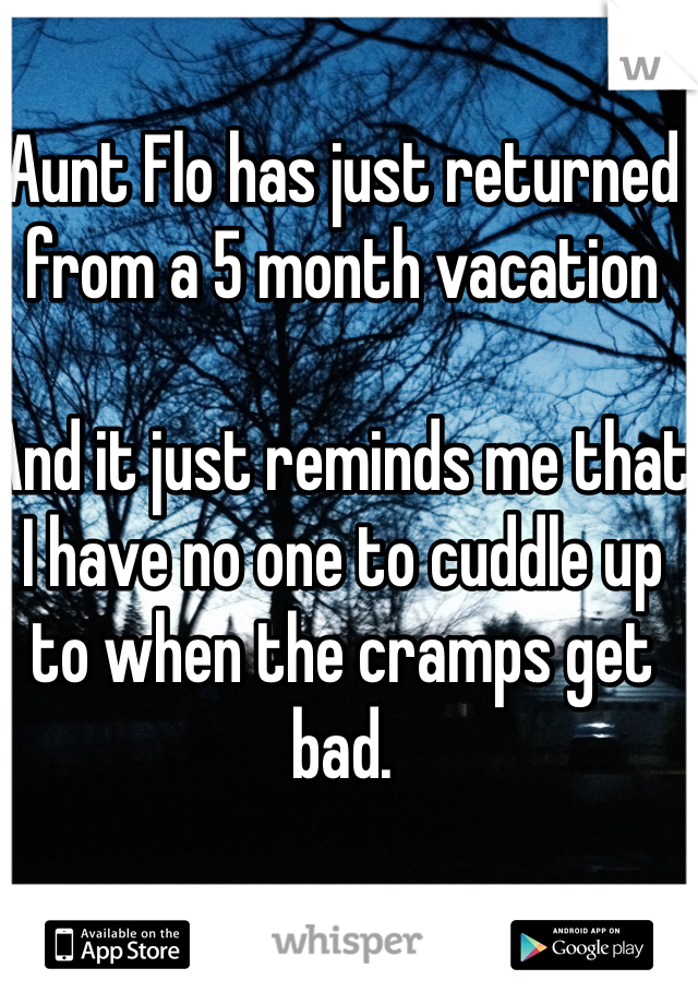 Aunt Flo has just returned from a 5 month vacation 

And it just reminds me that I have no one to cuddle up to when the cramps get bad. 