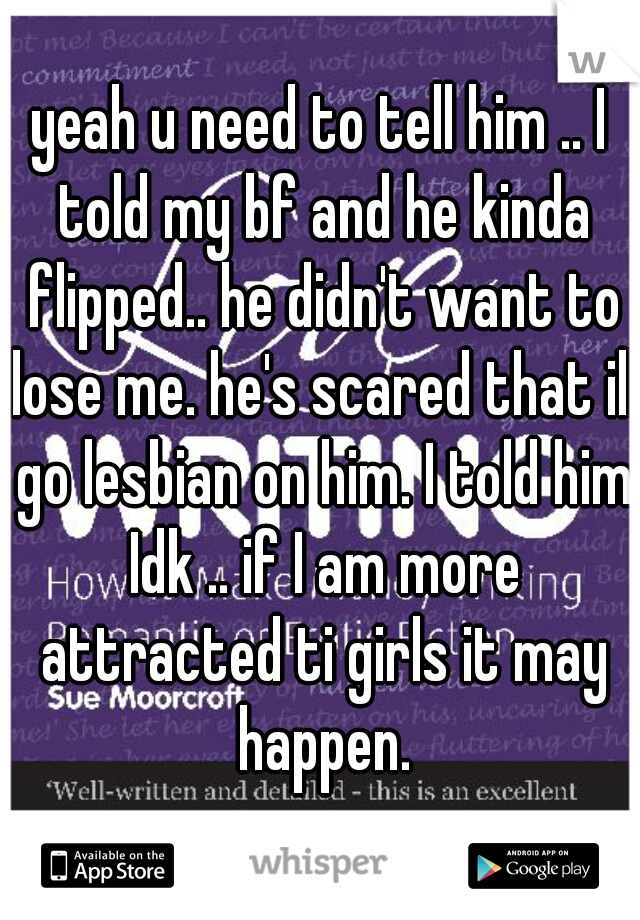 yeah u need to tell him .. I told my bf and he kinda flipped.. he didn't want to lose me. he's scared that ill go lesbian on him. I told him Idk .. if I am more attracted ti girls it may happen.