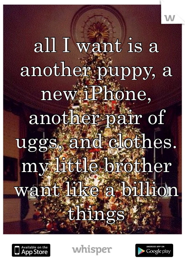 all I want is a another puppy, a new iPhone, another pair of uggs, and clothes. my little brother want like a billion things 