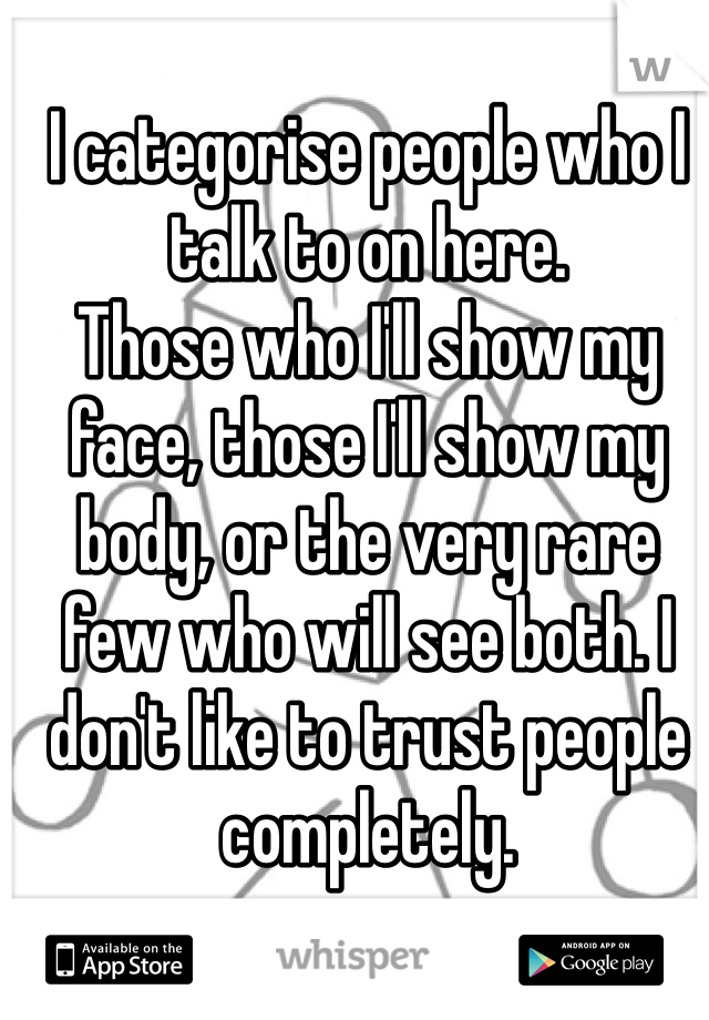 I categorise people who I talk to on here.
Those who I'll show my face, those I'll show my body, or the very rare few who will see both. I don't like to trust people completely.