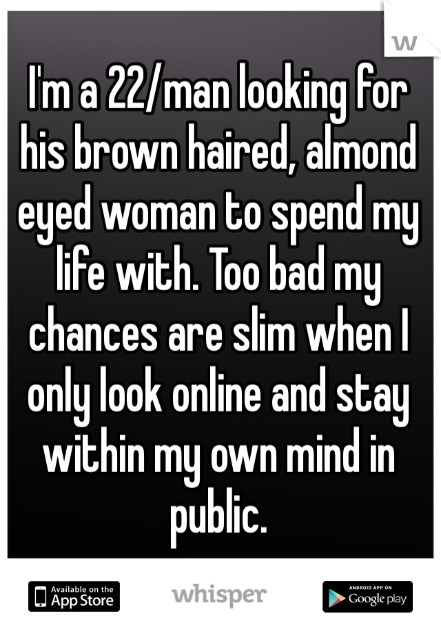 I'm a 22/man looking for his brown haired, almond eyed woman to spend my life with. Too bad my chances are slim when I only look online and stay within my own mind in public.