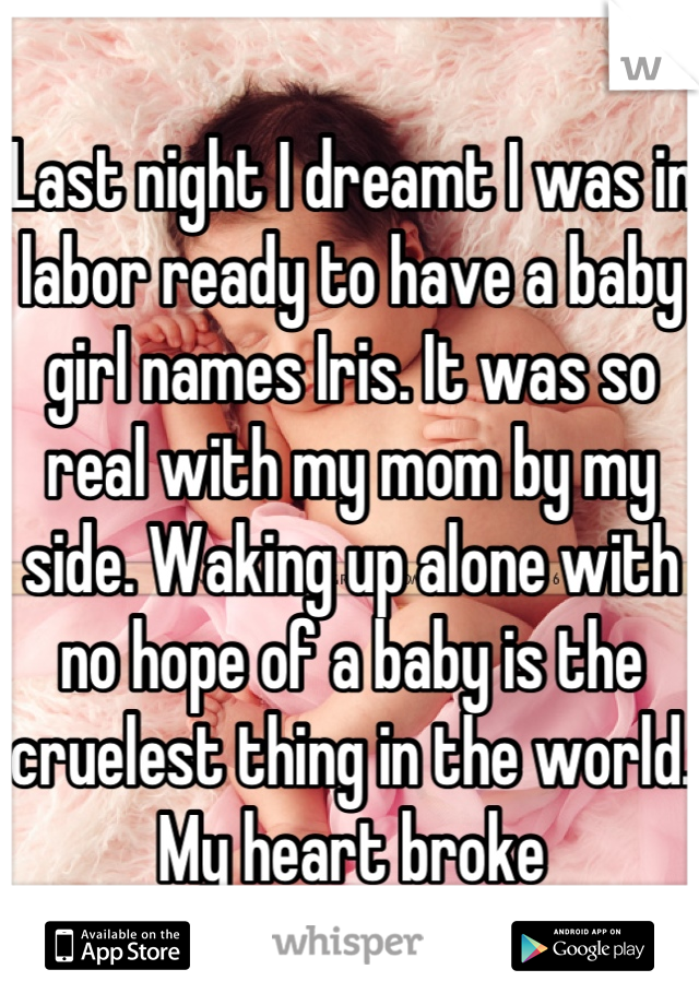 Last night I dreamt I was in labor ready to have a baby girl names Iris. It was so real with my mom by my side. Waking up alone with no hope of a baby is the cruelest thing in the world. My heart broke