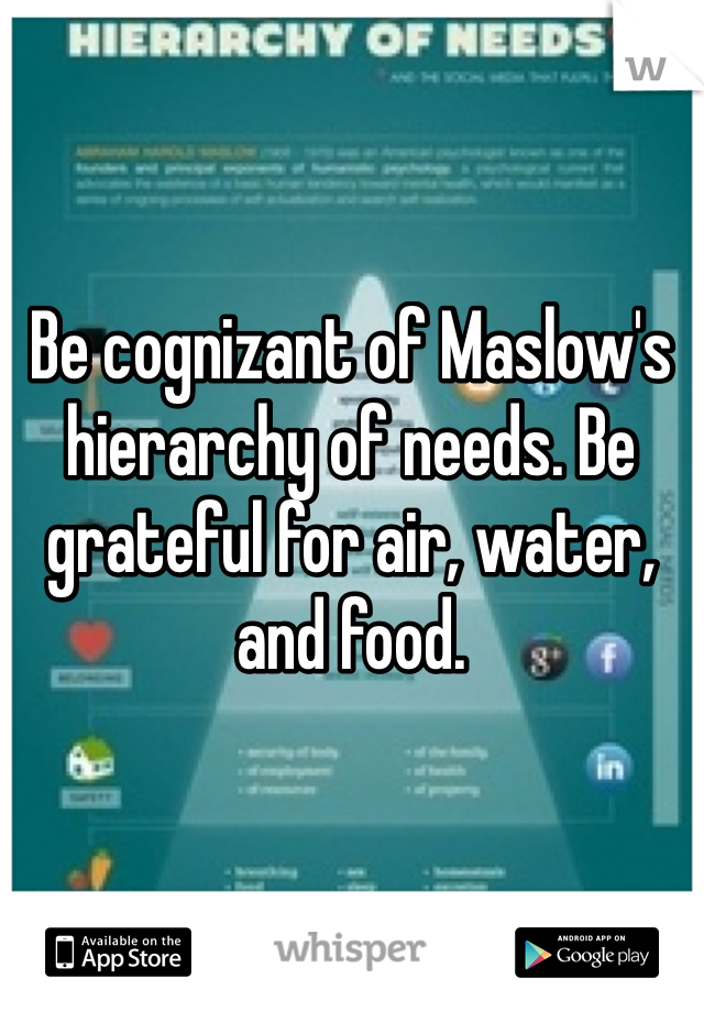 Be cognizant of Maslow's hierarchy of needs. Be grateful for air, water, and food. 