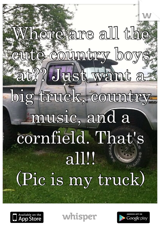 Where are all the cute country boys at?? Just want a big truck, country music, and a cornfield. That's all!! 
(Pic is my truck) 